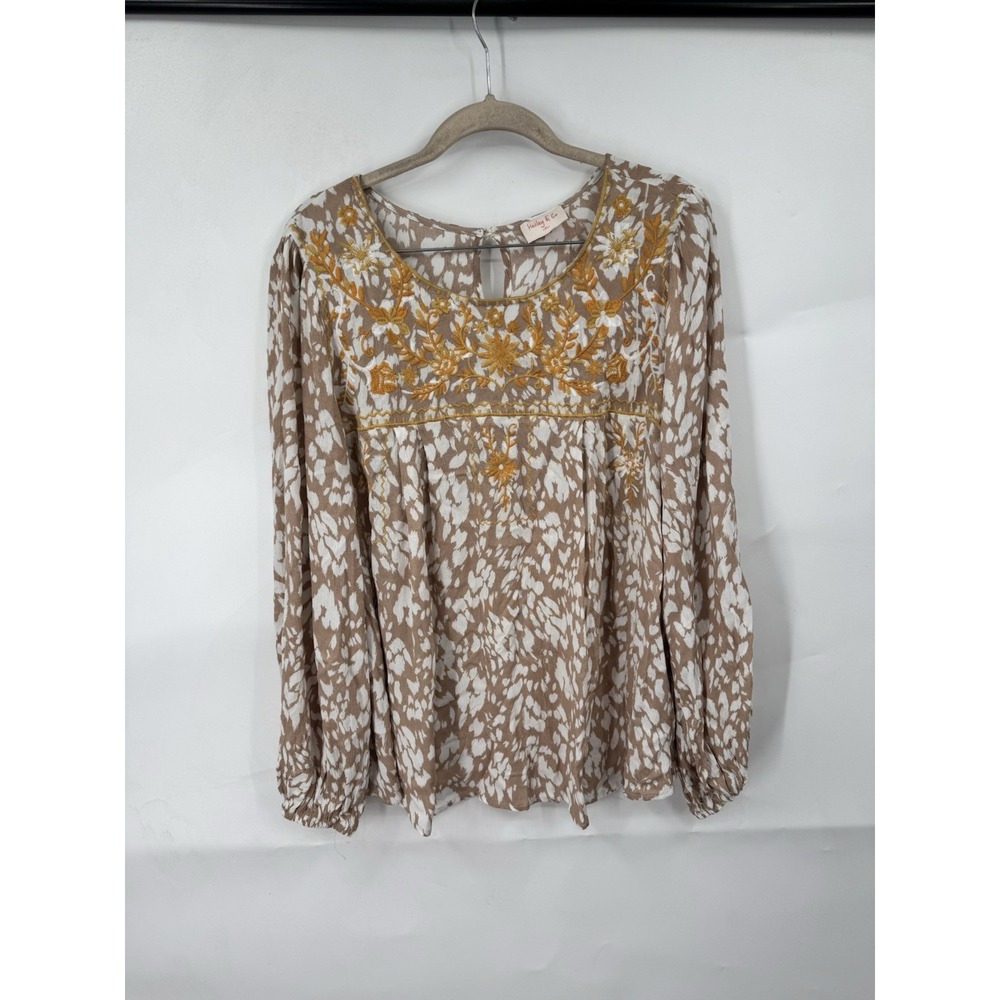Hailey & Co Printed Embroidered Blouse Women Medium‎ Brown Bohemian